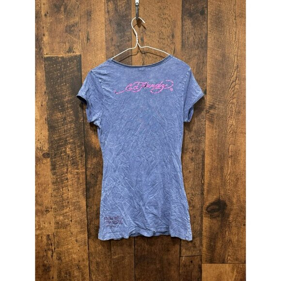 Vintage Ed Hardy Women’s V Neck Bling Shirt Skull Blue Medium EUC - Picture 3 of 6